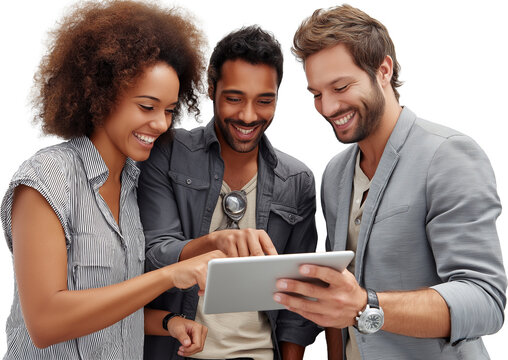 Multi-ethnic team of three young professionals in smart-casual attire, gathered around a sleek tablet, engaged in collaborative discussion PNG cutout on transparent background