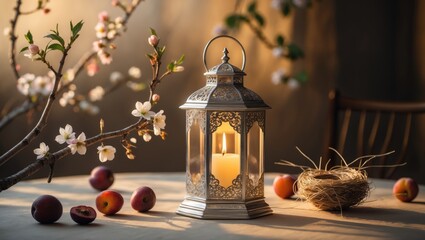 Eid celebration with white flowers, silver lantern, and festive table setting featuring date fruits and cherry plum blossoms