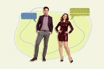 Creative sketch artwork collage of two happy girl guy stand together bubble communication magazine...
