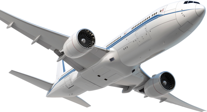 Sleek modern passenger jet banking gracefully mid-air, viewed from slightly above png cutout on transparent background
