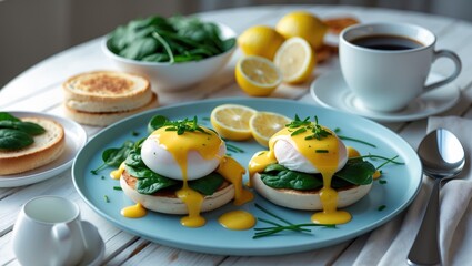 Eggs Florentine with English muffins, spinach, poached eggs, and Mornay sauce served with chive herbs and lemon on a white wooden table with coffee.