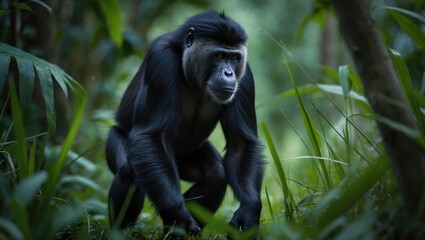 Male Bonobo walking through forested terrain in Africa