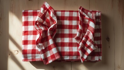 Obraz premium Checkered pattern folded tablecloth seen from above on table