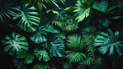 Panoramic background featuring tropical leaves such as monstera, palm, coconut, fern, and banana leaves with a nature theme