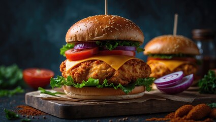 Gourmet chicken burger topped with cheese and fresh veggies