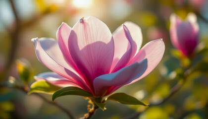 Fototapeta premium Beautiful pink magnolia blooming in sunlit garden