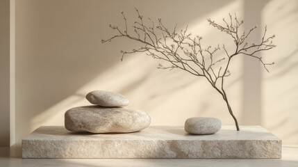 Minimalist Still Life With Stacked Stones and Upright Branch on Rectangular Slab: A Zen-Inspired Composition Featuring Organic Forms and Serene Balance.