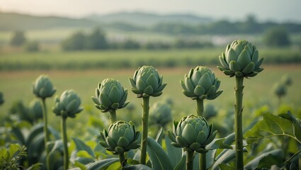 Fresh artichokes with clusters of budding flower buds in an agricultural field with a blurred countryside background