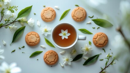 Green tea cup with jasmine flowers, tea leaves, and biscuits in a floral background