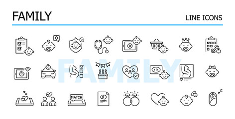 Baby and motherhood, family, wedding and shopping. Vector icons set
