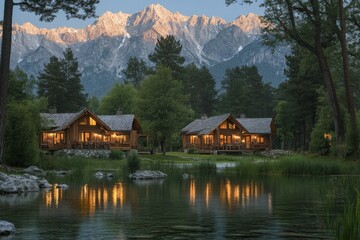 Fototapeta premium Scenic mountain cabins reflect in tranquil lake waters surrounded by lush trees at sunset