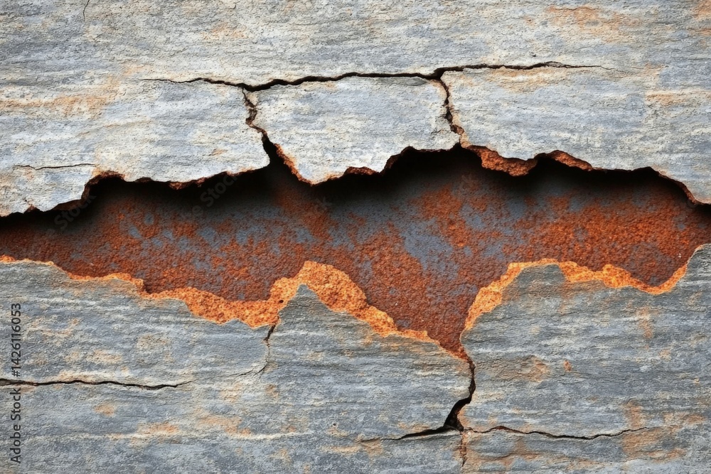 Poster texture of rust and cracked stone surface reveals a striking contrast between natural elements and d