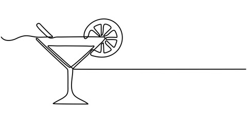 A simple, continuous line drawing of a cocktail glass with an olive inside. It's a minimalist design, perfect for representing a drink like a martini. continuous single one line art concept.  