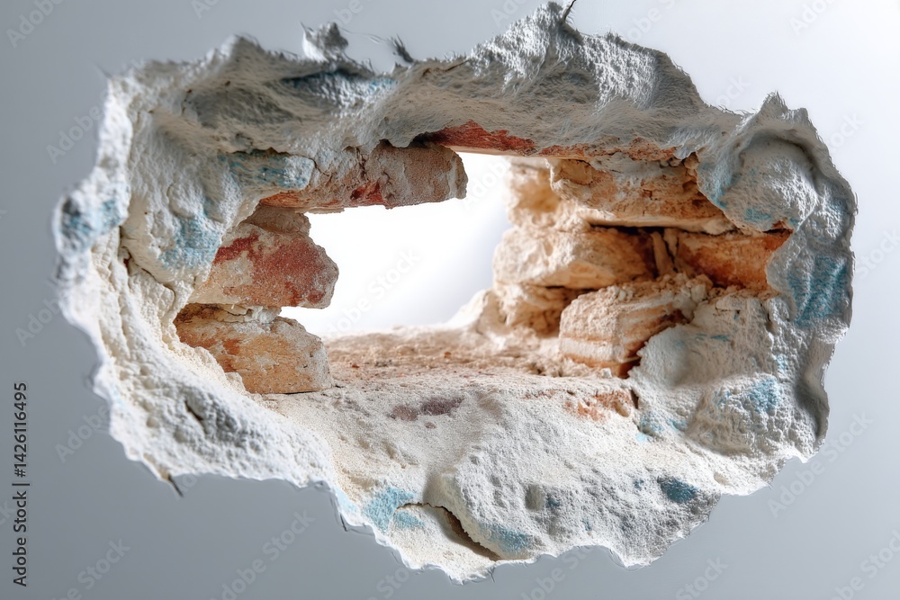 Poster hole in the wall exposing rough bricks and debris in a once solid structure during daytime