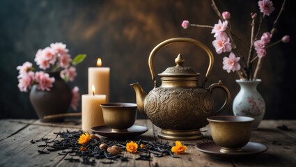 Fototapeta premium Asian tea ceremony display with a golden iron teapot, cups, candles, and almond blossom flowers arranged on a wooden surface, with copy space and selective focus