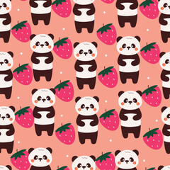 Fototapeta premium seamless pattern cute cartoon panda holding strawberry. cute animal drawing for wallpaper, pattern, background