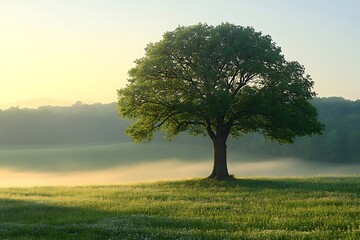 Obraz premium Majestic tree stands alone in a misty meadow at dawn.