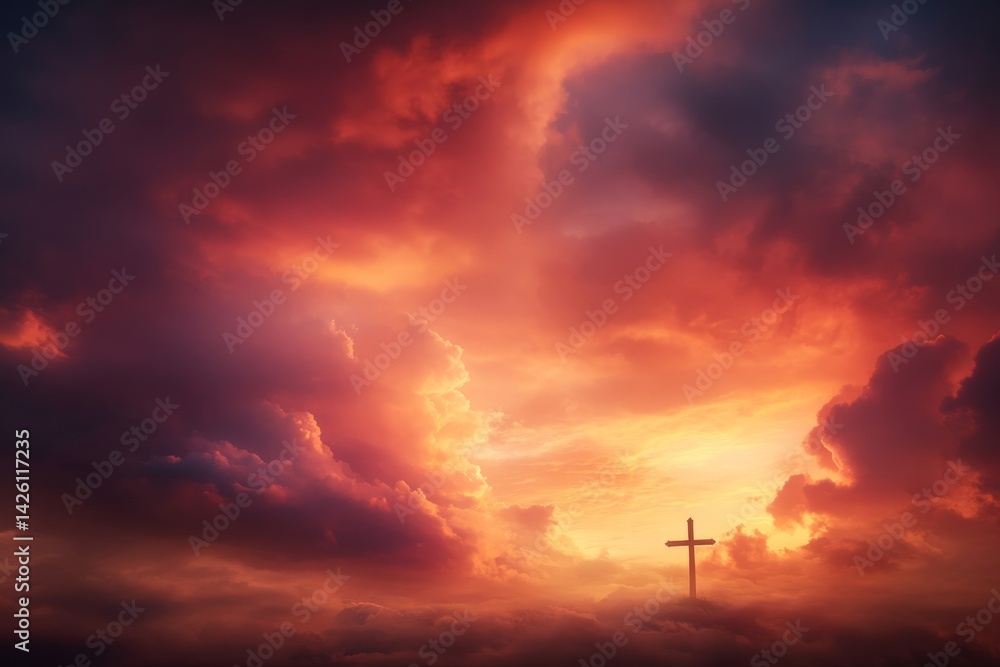Poster a holy cross stands tall against a breathtaking sky filled with fiery orange and red colors, creatin