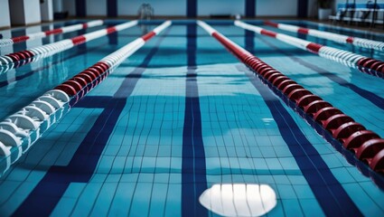 Empty indoor swimming pool lanes during a competition view