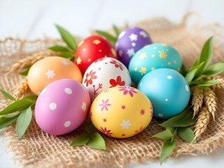 Eight Easter eggs with different colors and patterns on a burlap surface, complemented by wheat and green leaves, arranged on a checkered picnic blanket in a sunny park