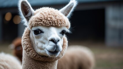 Obraz premium Charming Alpaca Portrait with Soft Wool and Bright Eyes against Blurry Background
