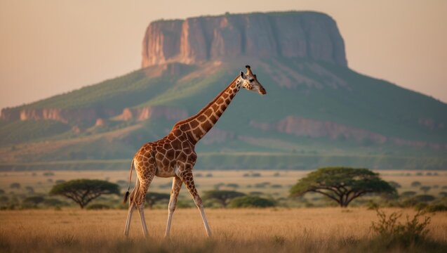 Giraffe strolling across the Savannah with a distinctive geological formation in the background.