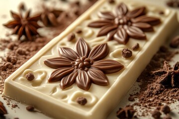 Gourmet chocolate bar decorated with floral designs and surrounded by cocoa powder