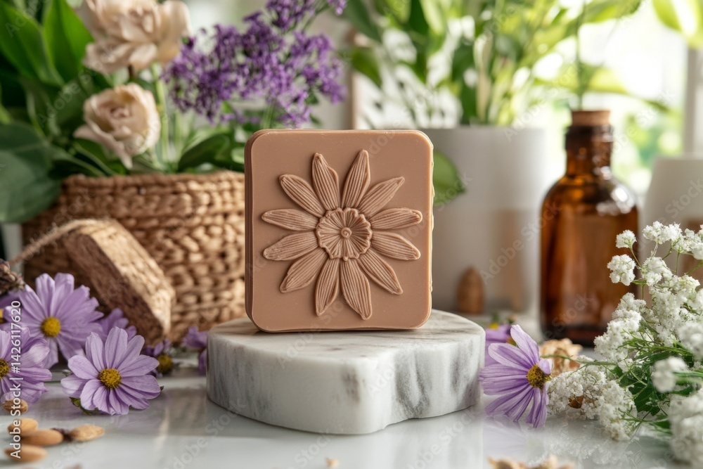 Poster decorative soap with floral design displayed among natural elements in a serene indoor setting
