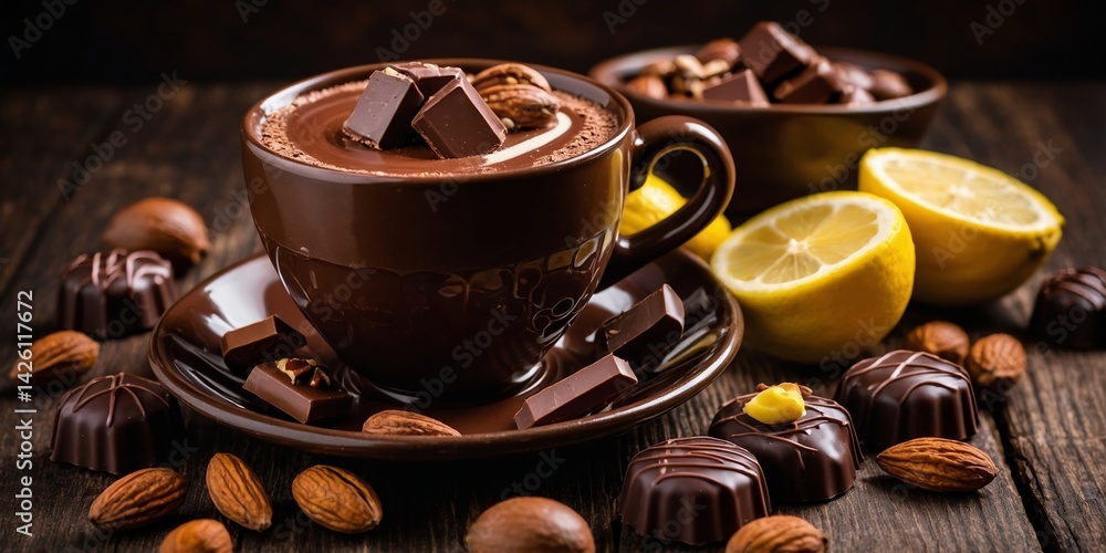 Poster warm chocolate beverage with almonds and citrus on a rustic wooden table in the afternoon setting