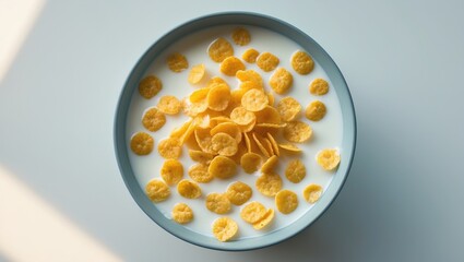 Delicious corn flakes with milk served in a bowl from a top view