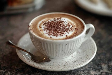 Obraz premium Delicious cup of cappuccino served with chocolate sprinkles in a cozy cafe setting