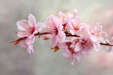 Obraz premium Pink flowers branch, delicate petals, soft light background, showcasing springtime beauty and nature's elegance, ideal for greeting cards or website banners