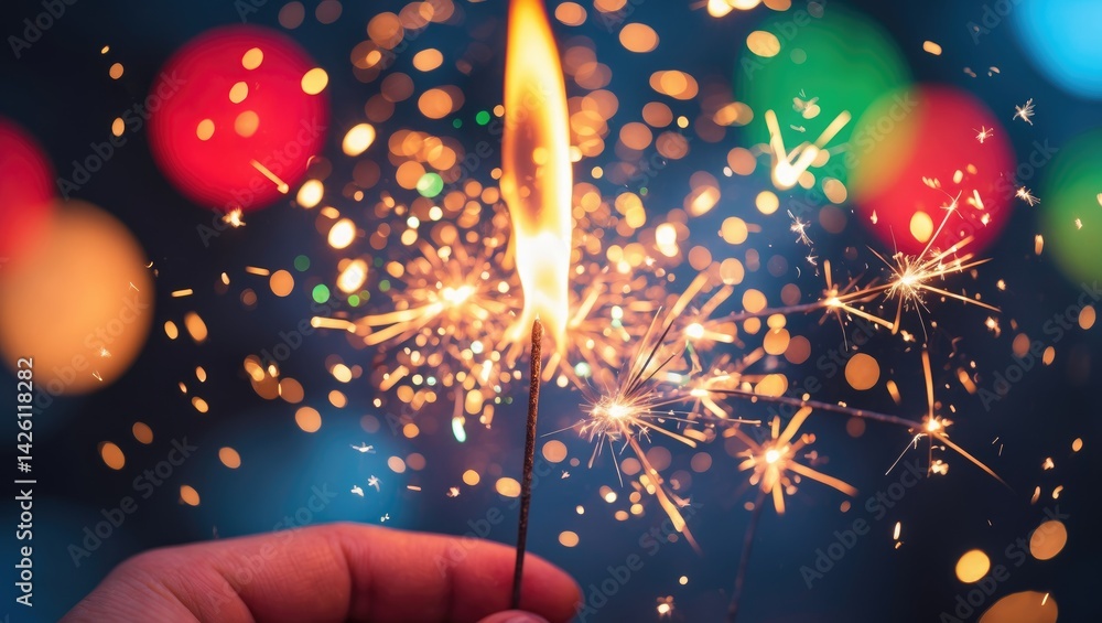 Poster shimmering flame of a sparkler with a festive blurred bokeh background