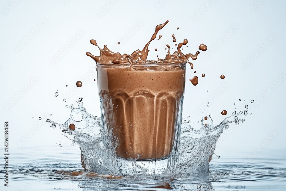 Poster Chocolate beverage creates a splash in clear water showcasing dynamic movement and refreshing enjoyment