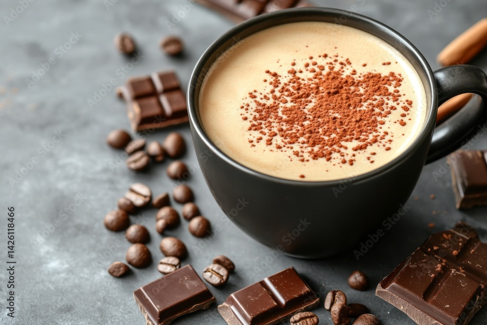 Aufkleber rich chocolate and coffee blend served in a black cup with cocoa sprinkle on top at a cozy cafe sett