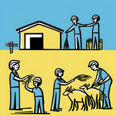 Family farm workers harvesting and tending livestock. Rural setting, sunny day.  Ideal for agricultural publications