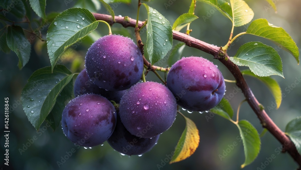 Poster fresh ripe plums with green leaves on a tree branch captured with shallow depth of field and selecti