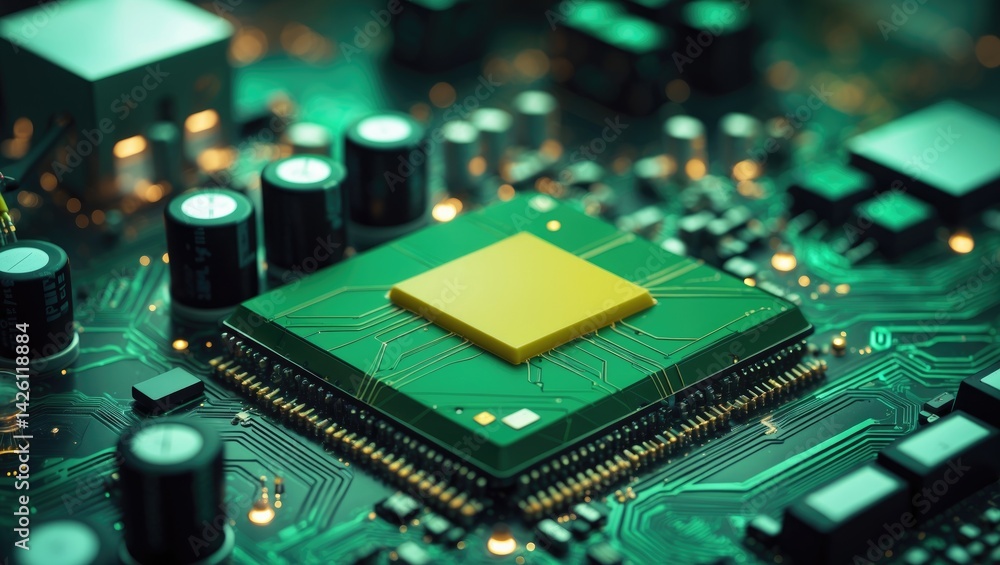 Poster modern electronic hardware with abstract patterns, geometry, and power signals, emphasizing a high-t