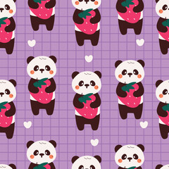 seamless pattern cute cartoon panda holding  strawberry. cute animal drawing for wallpaper, pattern, background