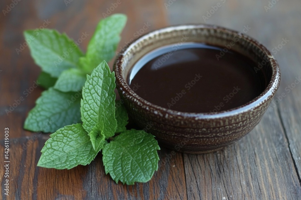 Poster mint leaves and dark liquid in a rustic bowl on wooden table offer a refreshing, aromatic experience