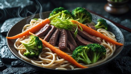 Delicious lunch featuring Asian udon noodles with beef and vegetables