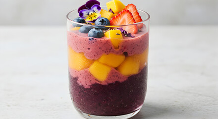 Colorful Layered Smoothie With Fruits And Edible Flowers For Healthy Eating