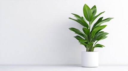Fototapeta premium A lush green houseplant in a white ceramic pot sitting on a minimalist white shelf, bright and clean indoor setting, and natural decor concept.