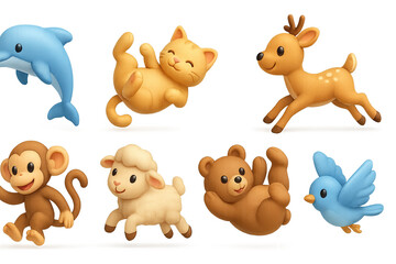 Fototapeta premium Animal icon set – 3d style playful wildlife and adorable creatures symbols for digital design and apps: dolphin, cat, deer, monkey, sheep, bear, bird