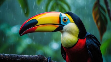 Fototapeta premium Portrait of a big-beaked toucan perched amidst lush tropical foliage