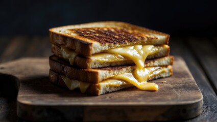Wooden platter featuring grilled cheese sandwiches with melted cheese and toasted bread filling