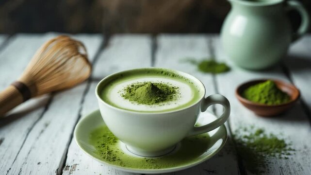 Matcha latte in a cup with available copyspace.