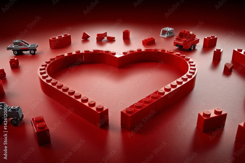 Poster Colorful red heart shape created from building blocks on a vibrant surface with scattered toy pieces in the background