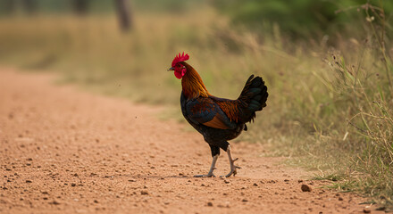 Majestic Rooster Strutting On A Dirt Road With Natural Greenery Backdrop