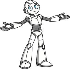  Metallic silver body, futuristic humanoid robot, expressive face, bright blue eyes, outstretched arms vector illustration 